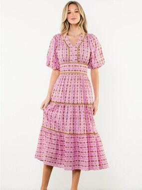 NWT THML Tatiana Pink Print Puff Sleeve Tiered Midi Dress Small $110